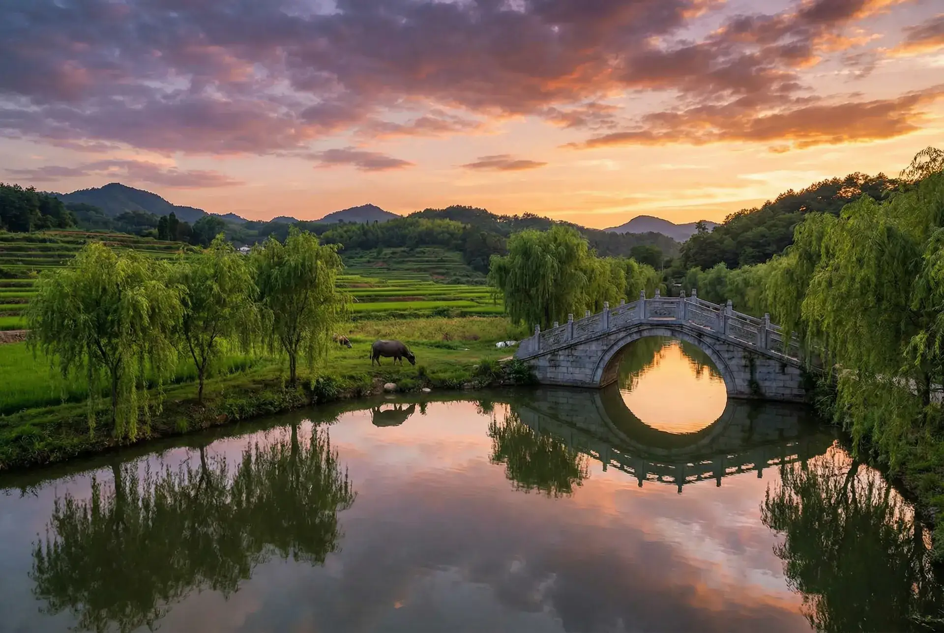 夕阳下的石拱桥与垂柳，水牛在河边吃草 - 侃侃的照片 乡村美景